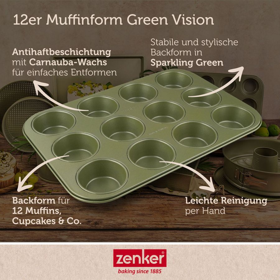 Zenker Muffinform Green Vision, 12er, rund, Antihaftbeschichtung, Keramik, grün - Bild 3