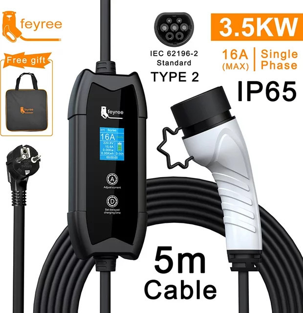 Feyree Elektroauto Ladegerät Typ 2 16A 3,5 kW mit 5m Ladekabel in Schwarz - Bild 1