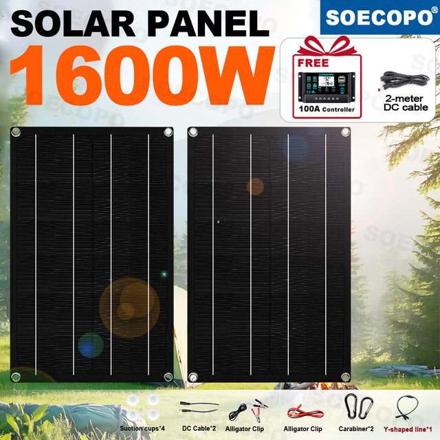 SOECOPO Tragbares Solarpanel-Set 1600 W in Schwarz mit 2 x 18 V Photovoltaik-Panels, 100-A-Controller und USB-5-V-Aufladung für Camping - Bild 1