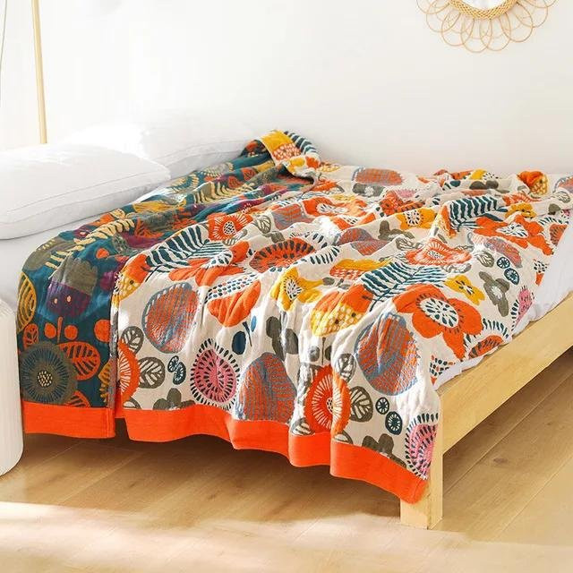 Nordische Überwurfdecke aus Baumwollgaze im Boho-Stil mit floralem Muster, Mehrfarbig, B/B: 200 x 230 cm - Bild 1