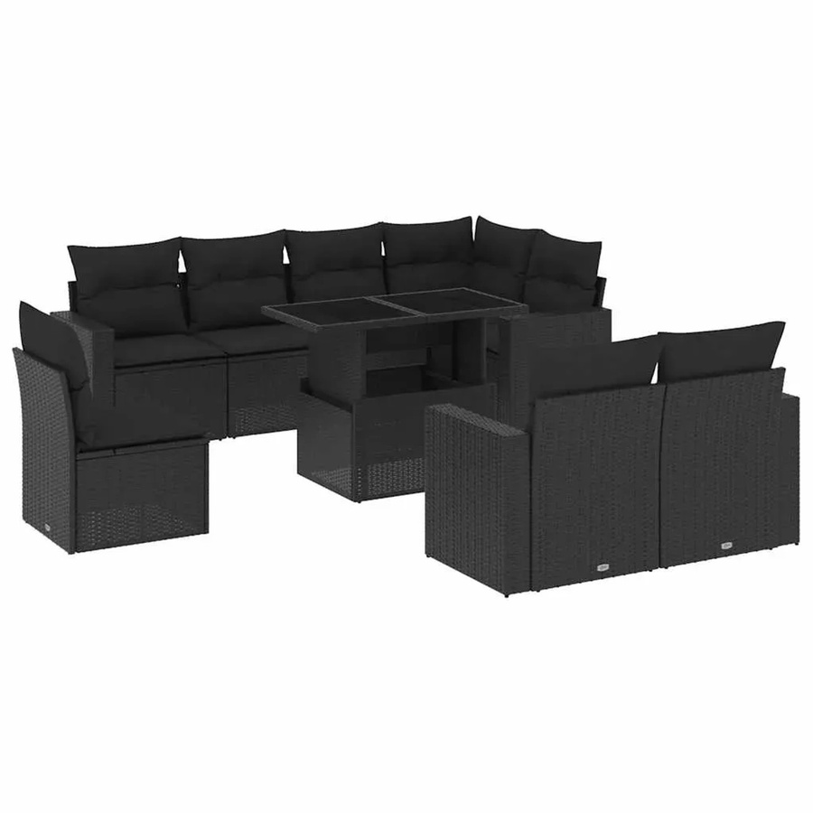 vidaXL 9-teilige Garten-Sofagarnitur in L-Form aus schwarzem Poly-Rattan mit Kissen und pulverbeschichtetem Stahlgestell - Bild 2