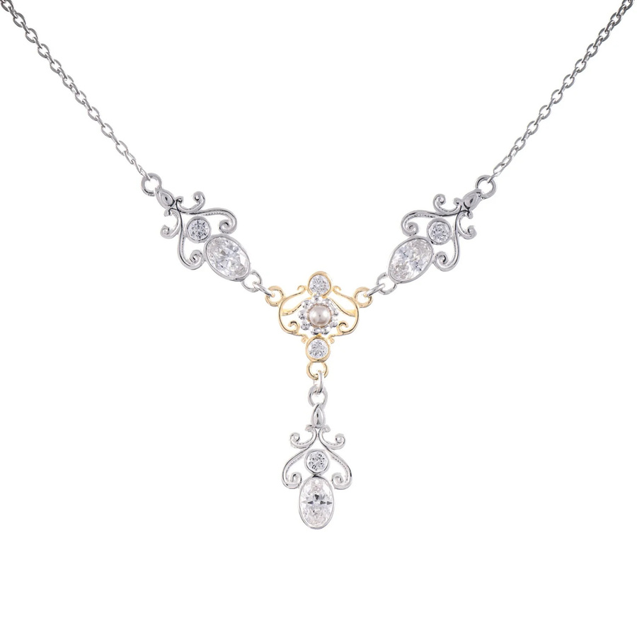 Collier 925 Silber, teilvergoldet, Zirkonia weiß, Perle, Unisex - Bild 1