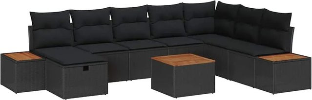vidaXL 9-teiliges Garten-Sofaset aus Polyrattan in Schwarz mit Kissen und Ottoman für Terrasse und Balkon - Bild 1