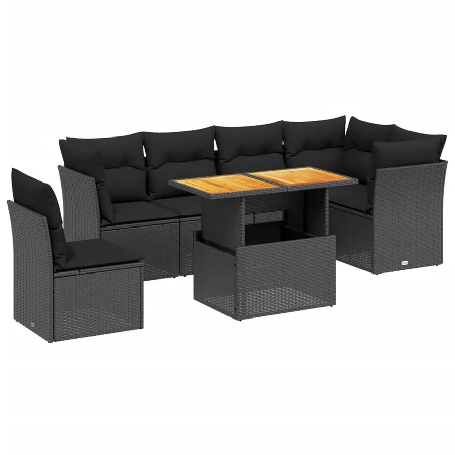 vidaXL 7-teilige Garten-Sofagarnitur in L-Form aus Polyrattan und Akazienholz mit Kissen, Schwarz - Bild 2