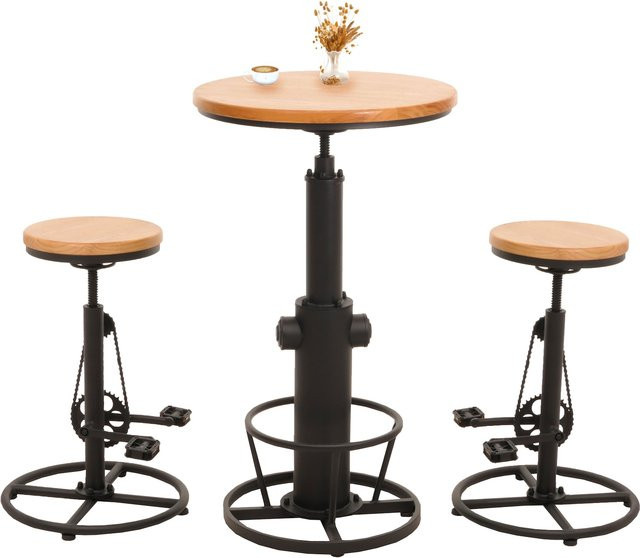 MCW Set Bartisch und 2 Barhocker im Industrial Design aus Kiefernholz und Metall in Braun, höhenverstellbar und drehbar - Bild 1