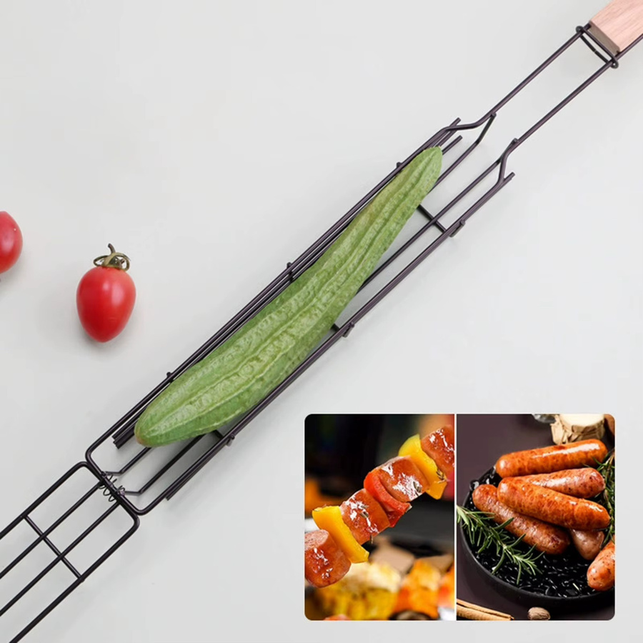 Edelstahl-Grillkäfig mit Holzgriff in Silber für Fisch, Garnelen und Gemüse - Bild 2