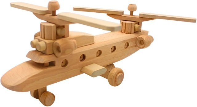 Dekohelden24 Naturbelassener Holzhubschrauber als Dekoflieger mit 2 Rotoren zum Bemalen, B/H/T: 28 x 21 x 14 cm - Bild 1