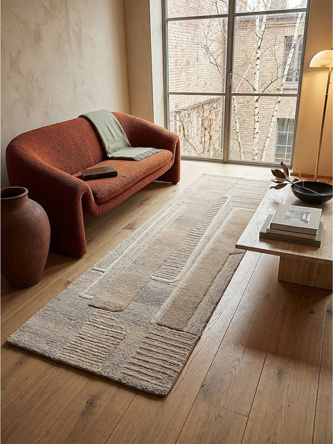 EDALE Kurzflor Läufer Kadima Design in Natur/Beige aus Wolle mit Hoch-Tief-Relief, B: 80 cm, L: 300 cm - Bild 1