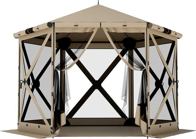 Outsunny Sechseck-Pavillon mit Bodenmatte und Seitenteilen aus Netzgewebe, wasserdicht und UV-beständig, Partyzelt für Garten und Terrasse, Khaki, B: 3 m, T: 2,6 m - Bild 1