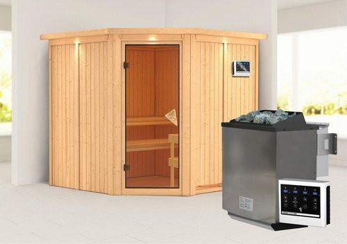 Karibu Sauna Vöru aus Fichtenholz in Beige für 4 Personen inklusive 9 kW Bio-Kombi-Saunaofen mit externer Steuerung, B/T/H: 210 x 202 x 210 cm - Bild 1