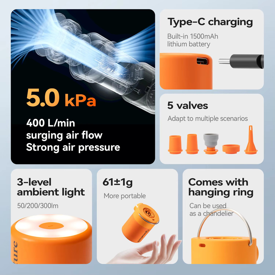 Qunature Tragbare Mini-Luftpumpe mit Campinglicht und Typ-C-Aufladung in Orange - Bild 2