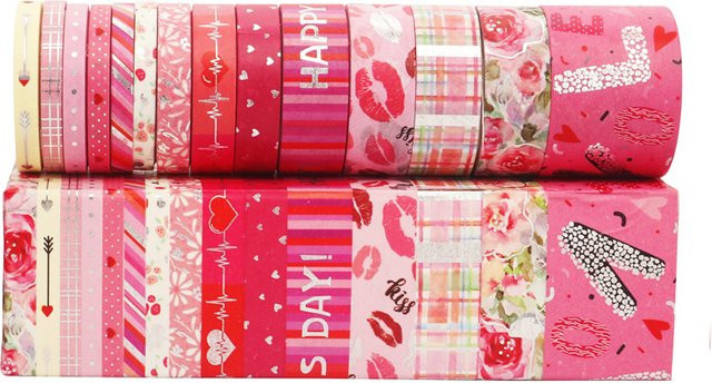 Washi-Tape-Set mit Valentinstag-Motiv in Silber und Pink mit Herz- und Blumenmustern für deine DIY-Dekoration - Bild 1