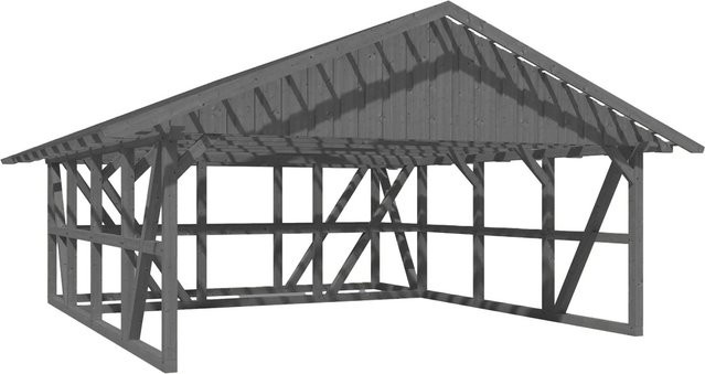 Skan Holz Carport Schwarzwald aus Fichtenholz mit Satteldach, Dachlattung und Abstellraum, Farbe: Grau, B: 684 cm, T: 772 cm - Bild 1