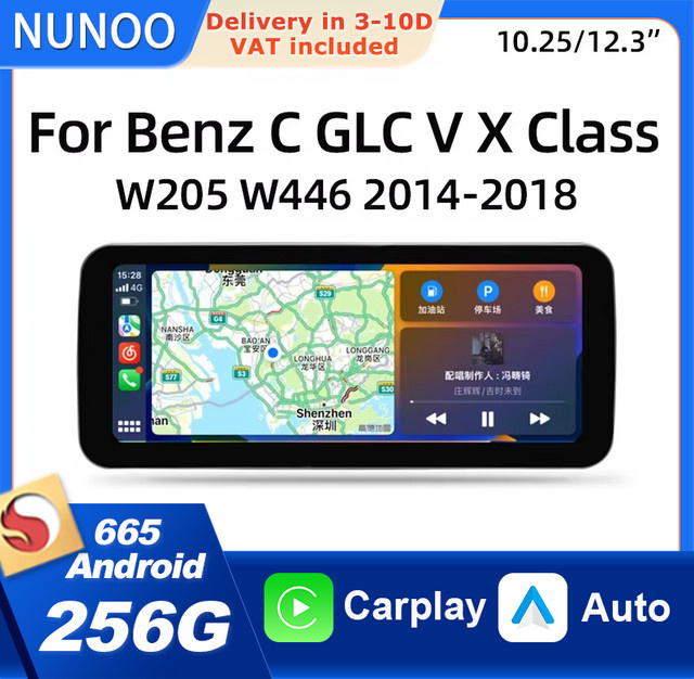 NUNOO Android 14 Multimedia Radio mit Qualcomm Prozessor und Wireless CarPlay für Mercedes Benz C GLC V X Klasse W205 W446 2014-2018, Schwarz - Bild 1