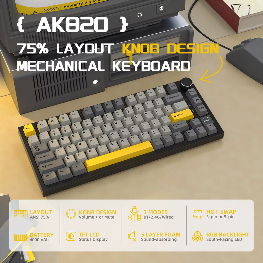 Ajazz AK820 PRO Mechanische Tastatur in Purple mit TFT Smart Display und Drehregler, 75% ANSI-Layout, Hot-Swap Linear Switches, kabellos via 2,4G/Bluetooth 5.1 oder USB-C - Bild 2