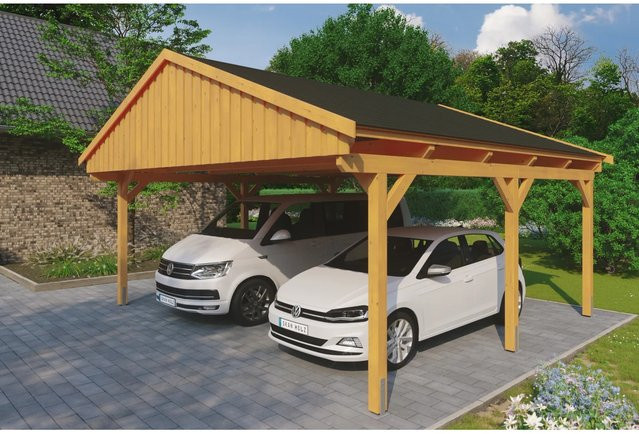 Skan Holz Carport Fichtelberg aus Fichte Leimholz in Eiche Hell mit schwarzen Dachschindeln, Breite: 618 cm, Tiefe: 566 cm, Höhe: 362 cm - Bild 1