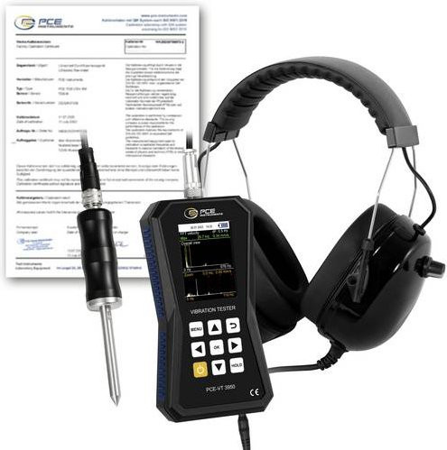 PCE Instruments Schwingungsmessgerät PCE-VT 3950S-ICA in Schwarz mit ISO-Zertifikat und Kopfhörer zur Messung von Beschleunigung, Geschwindigkeit und Weg - Bild 1