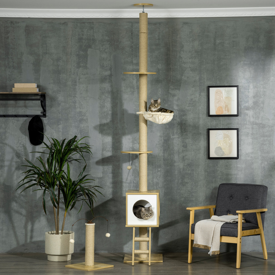 PawHut Set aus 2 Kratzbäumen mit 4 Ebenen, höhenverstellbar 225-285 cm, inklusive Höhle, Hängematte, Leiter und Spielzeug, Farbe: Beige - Bild 2