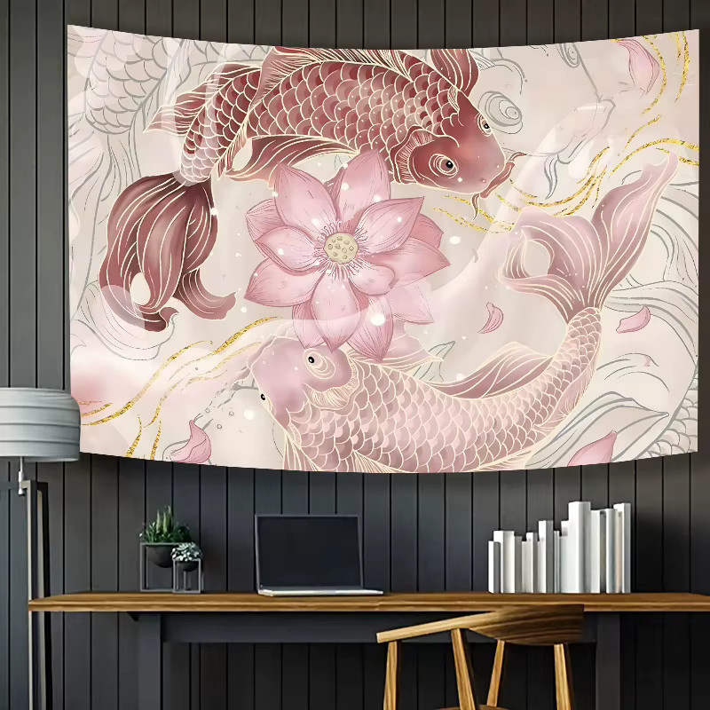 VIKAMA Wandteppich mit Koi-Fischen und Lotusblumen in Rosa und Gold, orientalischer Textildruck für Wohnzimmer und Teeraum, Breite: 100 cm, Höhe: 60 cm - Bild 4