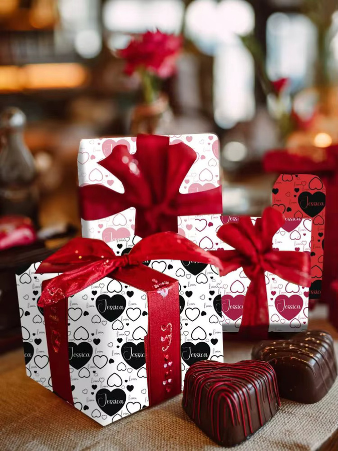 Personalisiertes Geschenkpapier von WEIGAO mit Namen in den Farben Schwarz, Rosa und Rot für Valentinstag, Silvester oder Hochzeiten - Bild 5