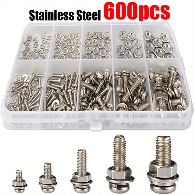 MIVM 600-teiliges Edelstahl-Set mit Kreuzschlitzschrauben, Bolzen, Muttern, Flachscheiben und Federscheiben in Silber - Bild 1