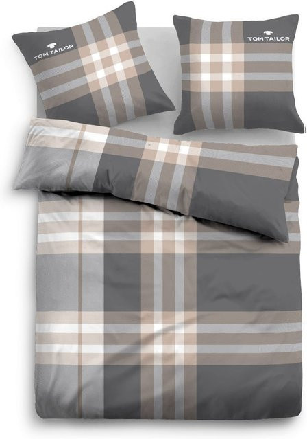 Bettwäsche Set Tom Tailor aus Baumwolle mit grafischem Design in Beige und Grau, B/T/H: 155 x 220 cm und 80 x 80 cm - Bild 1