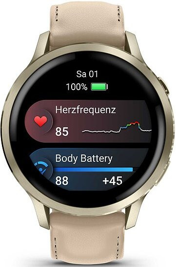 Garmin Venu Smartwatch mit Lederband in Gold, Black und Beige mit Bluetooth, GPS und Wasserfestigkeit - Bild 1