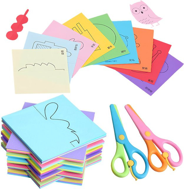 ZYF Papierschneideset mit 48 oder 96 farbigen Blättern und Schere für DIY Bastelarbeiten mit Tier- und Fruchtmotiven, Multicolor - Bild 1