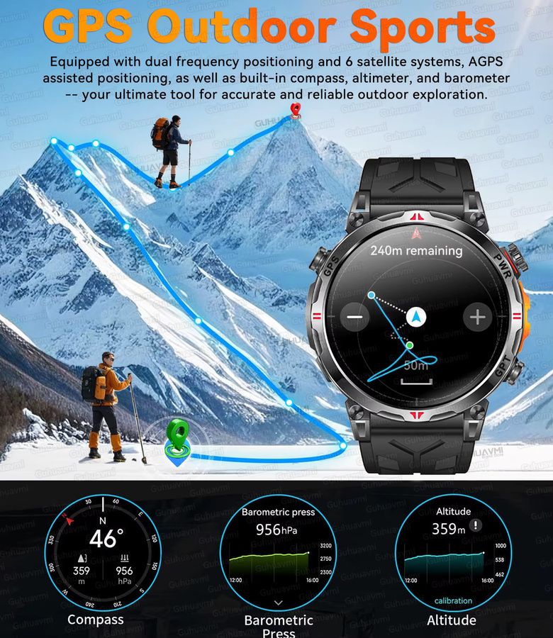GUHUAVMI Militär-GPS-Sport-Smartwatch für Herren mit AMOLED-Bildschirm, Kompass, Höhenmesser, 10ATM Wasserdichtigkeit und drahtloser Anruffunktion in Orange oder Schwarz - Bild 4
