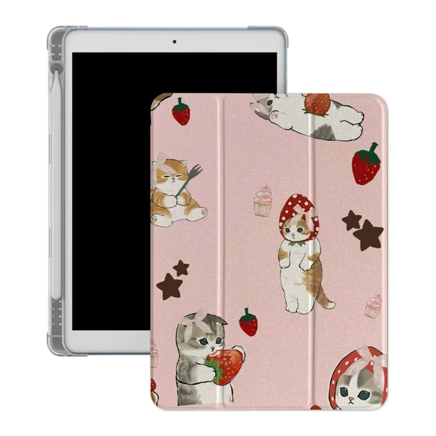 DecoPhone Tablet-Hülle mit Kawaii-Erdbeer-Katzenmuster für iPad Pro und iPad Air, dreifach gefaltet, Farbe: Pink/Transparent - Bild 2
