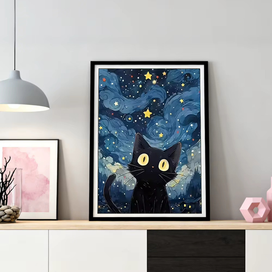 HUACAN Diamant-Gemälde Schwarze Katze im Sternenhimmel als Tier-Mosaik Set, rund, Durchmesser: 30 cm - Bild 3