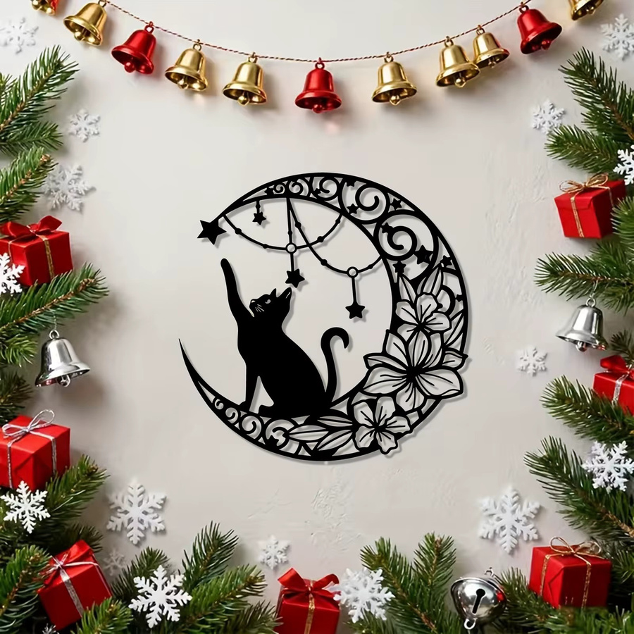 DDPNKL Metall-Wandkunst Katze auf Halbmond mit Sternen in Schwarz - Bild 3