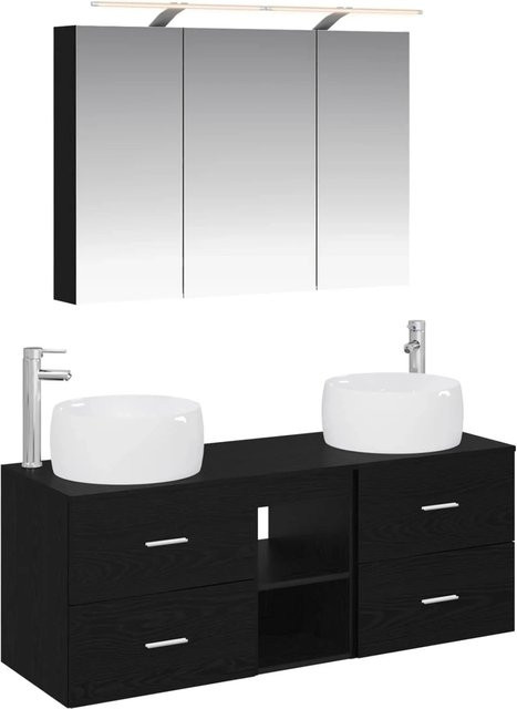 vidaXL Badezimmermöbel-Set 4-teilig in Schwarzer Eiche mit Glas, Waschtischunterschrank und Spiegelschrank mit LED-Beleuchtung - Bild 1