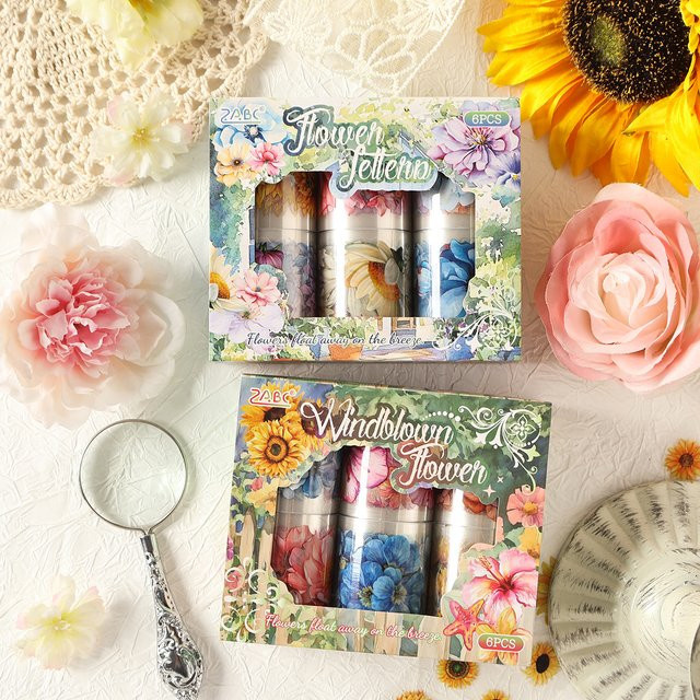 6 Rollen Aufkleber mit Blumen- und Pflanzenmuster aus wasserdichtem PET für DIY-Planer und Tagebuch-Dekoration, Mehrfarbig - Bild 1