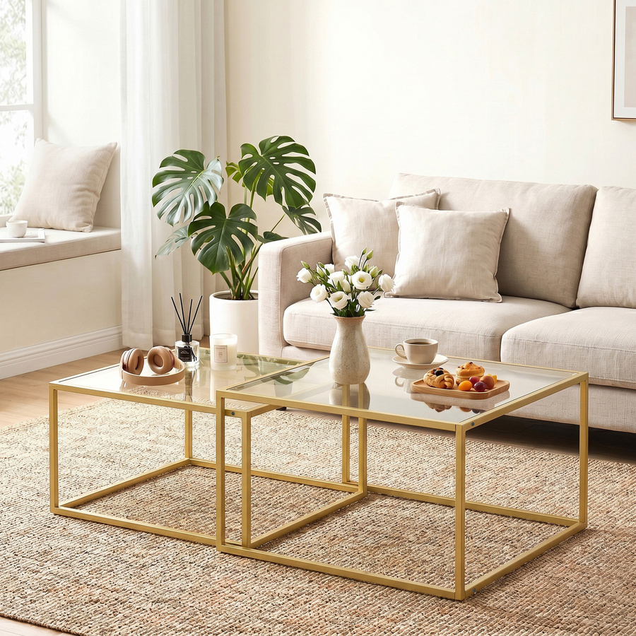 HOMCOM 2er-Set quadratische Nesttische mit gehärteter Glasplatte und Metallgestell in Gold, B/T/H: 75 x 75 x 42 cm - Bild 2