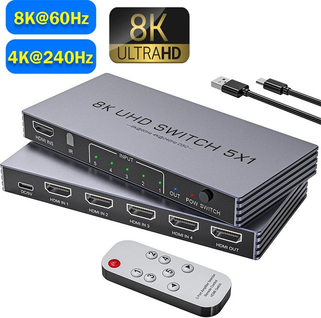 Konsenda HDMI-Switch 5 in 1 out mit Fernbedienung, 8K@60Hz und 4K@240Hz, 48 Gbit/s, unterstützt HDR10 und HDCP 2.3 - Bild 1