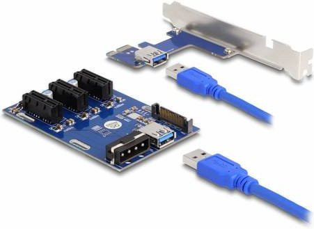 Delock 41442 Riser-Karte mit PCIe, SATA und USB-A (USB 3.2 Gen 1) in Blau - Bild 1