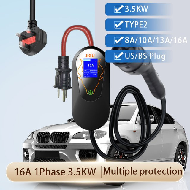 JIGU Tragbares EV-Ladegerät Level 2, 3,5 kW, 16 A, Typ 2, Schwarz, mit US/UK-Stecker für Elektrofahrzeuge im Außenbereich - Bild 1