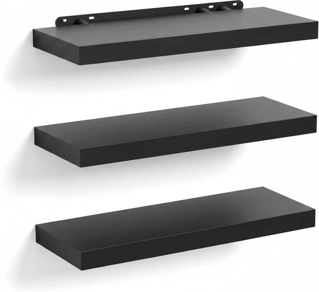 Relaxdays Wandregal 3er Set aus MDF und Eisen in Schwarz, B/T/H: 40 x 4 x 23 cm - Bild 1