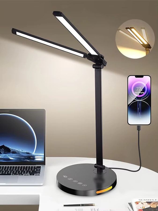 Mzvul LED-Schreibtischlampe mit einstellbarer Helligkeit und farblich dimmbarer Doppelkopf-Tischleuchte mit Typ-C-Schnittstelle - Bild 6