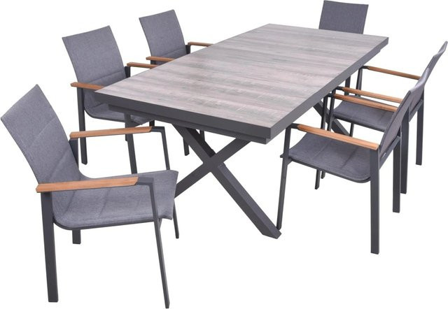 DELUKE Garten-Sitzgruppe JANA 7-teilig aus Aluminium und Keramik in Eiche-Optik Grau mit Esstisch und Stapelstühlen - Bild 1