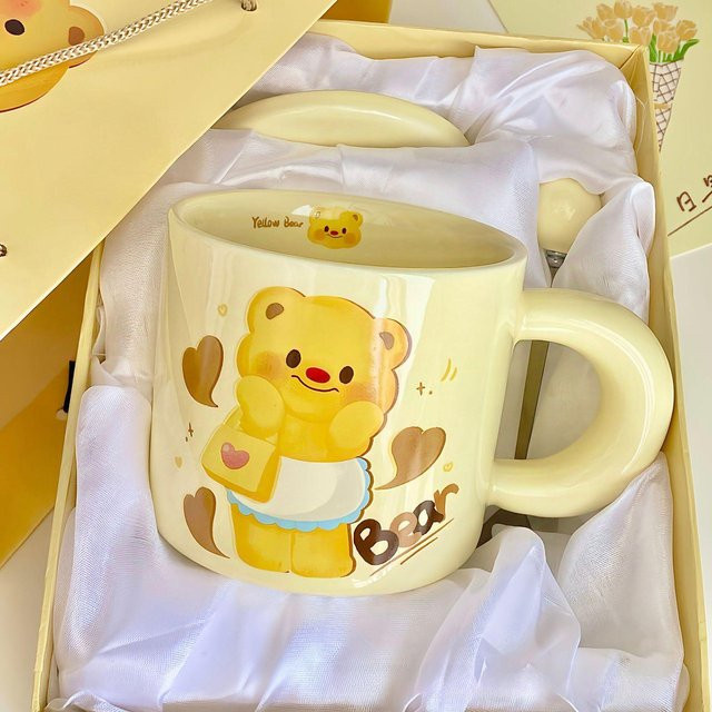 Keramiktasse mit Deckel und Löffel von Yiran Furniture, Butterbär Design, Gelb, 350,5 ml - Bild 1