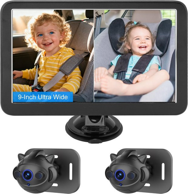 Koogeelife Baby-Autokamera Zweikanal-Babyphone mit 9 Zoll 1080P Auflösung, 2 IR-Nachtsichtkameras und 150 Grad Weitwinkelobjektiv in Grau - Bild 1