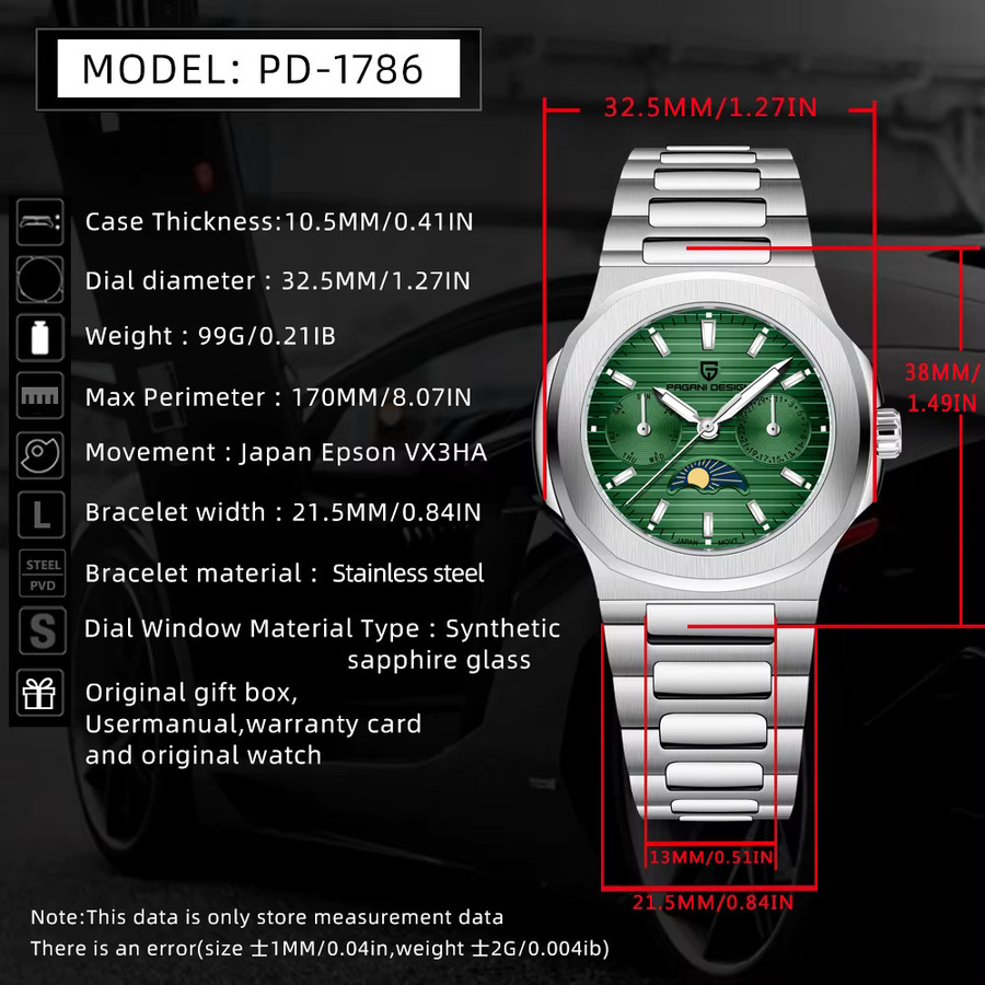 Pagani Design Chronograph, Quarzuhr, Edelstahl, Mondphase, Damen - Bild 5