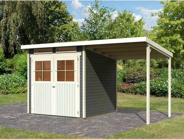 Karibu Gartenhaus Glücksberg mit Anbaudach in Grau, Wandstärke 19 mm, B/T/H: 415 x 236 x 220 cm - Bild 1