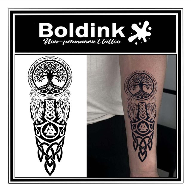 BOLDINK Nordic World Tree Two Wolves Raven Tattoo-Aufkleber, Unisex - Bild 1