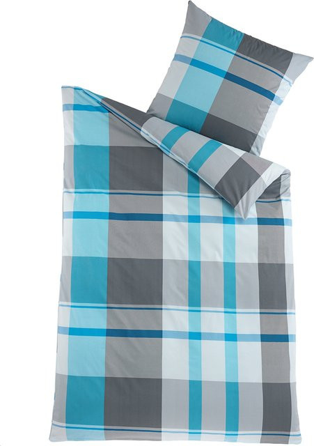 Bettwäsche-Set Moderne Hausfrau aus Baumwolle, 2-teilig, Türkis, Karo-Design, B/H: 135 x 200 cm - Bild 1