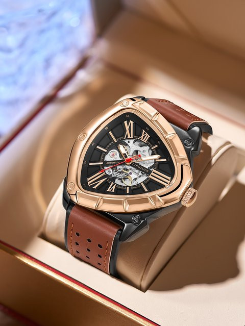 LONGLUX Automatikuhr, Edelstahl, Roségold, Leder, Schwarz, Herren - Bild 1