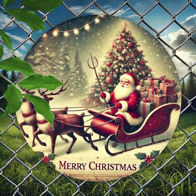 Potdemiel Wandkunst aus Metall mit Weihnachtsmann, Schlitten und Rentier, rundes Eisenschild Merry Christmas, Durchmesser: 20,3 cm - Bild 3