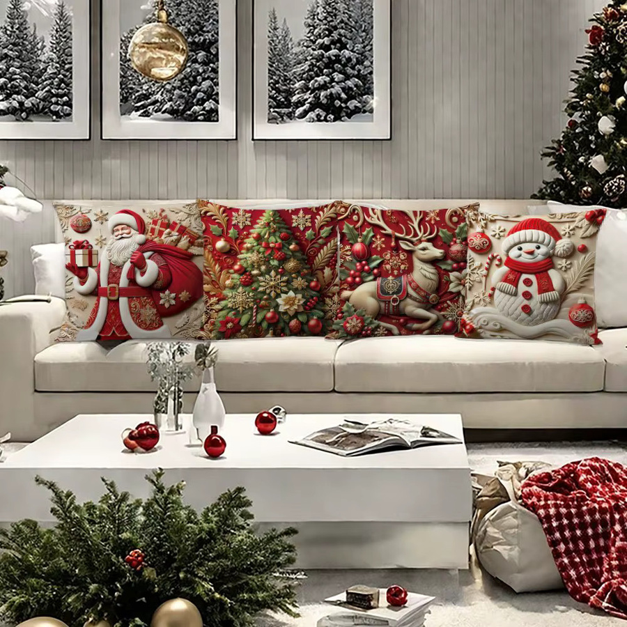 DUTRIEUX 4er-Set Weihnachtskissenbezüge mit Motivdruck Weihnachtsmann, Rentier, Schneemann und Baum, mehrfarbig, B/T/H: 45 x 45 x 0 cm - Bild 2
